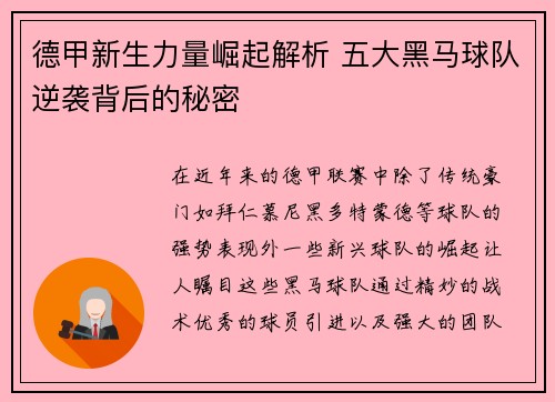 德甲新生力量崛起解析 五大黑马球队逆袭背后的秘密