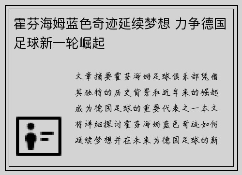 霍芬海姆蓝色奇迹延续梦想 力争德国足球新一轮崛起