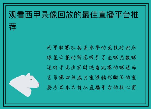 观看西甲录像回放的最佳直播平台推荐